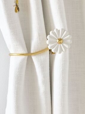 Anthropologie White Daisy Flower Ceramic and Gold Curtain Tieback Pair
